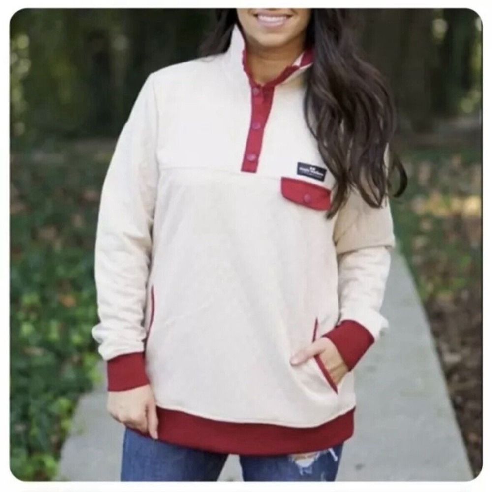 Simply Southern Quilted Fleece Pullover 1/4 Snap Soft Beige Burgundy Size Small